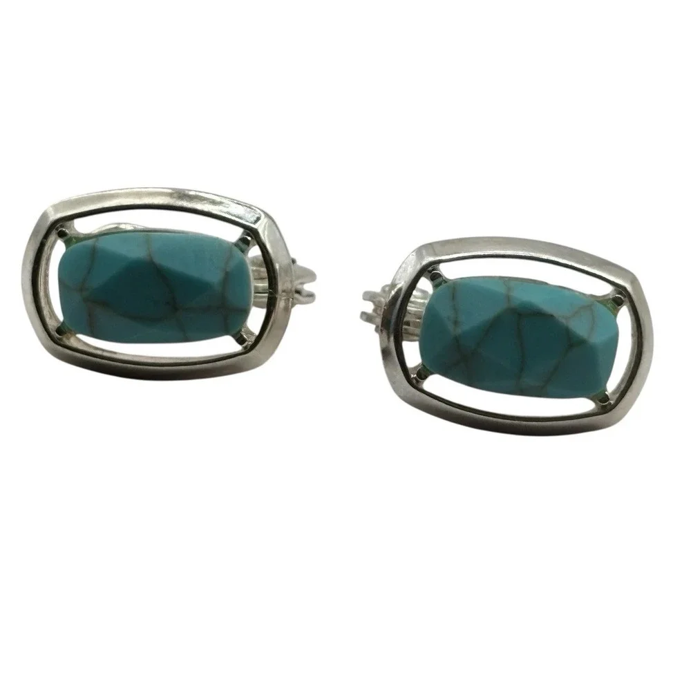 Faux Turquoise Clip On Earrings Silver‎ Tone Vintage TJG The Jewelry Group Open